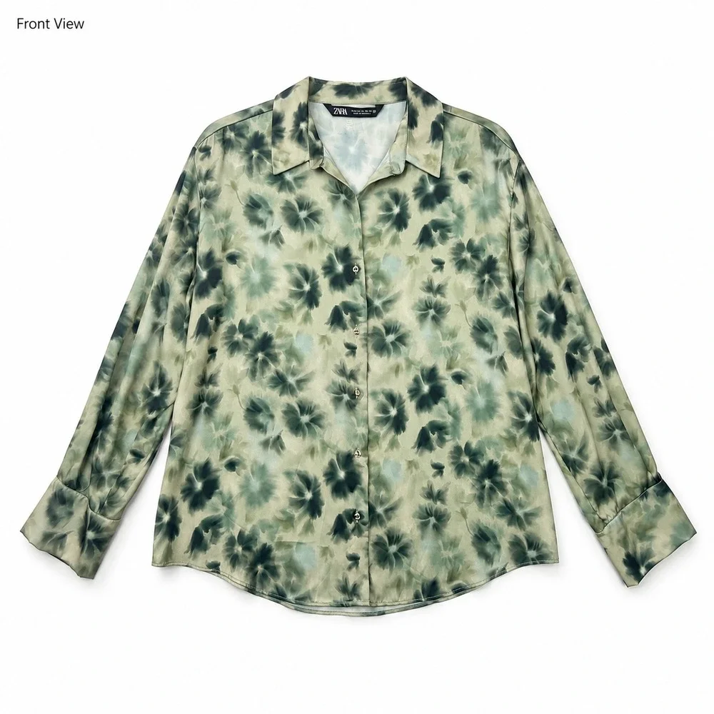 ZARA Green Floral Watercolor Satin Blouse Long Sleeve Button Up Shirt Top NNT